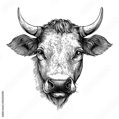 In a black and white line drawing, the head of a cow, horns and all, is shown on an unadorned background