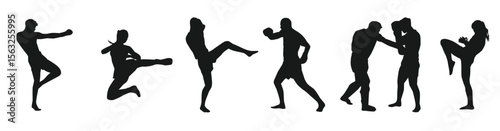 muay thai kickboxing vector silhouettes set white background different pose martial arts sport