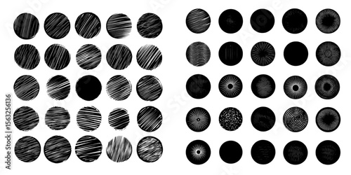 This collection includes 35 round stipple patterns for various design purposes, including spot engraving to generate brushes, retro background creation, shade engraving, and an assortment of detailed