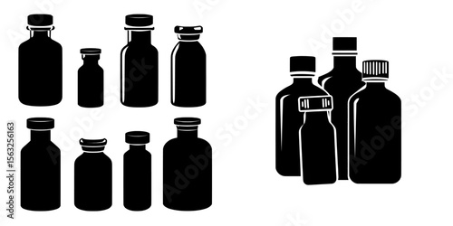 A flat design illustration features a set of medicine bottles