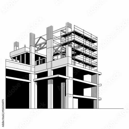 Architectural drawing of a multi-story building under construction, showing scaffolding and structural elements.