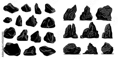 The cartoon features a big set of rocks and stones in isometric 3D flat style, including different types of boulders commonly found in video games