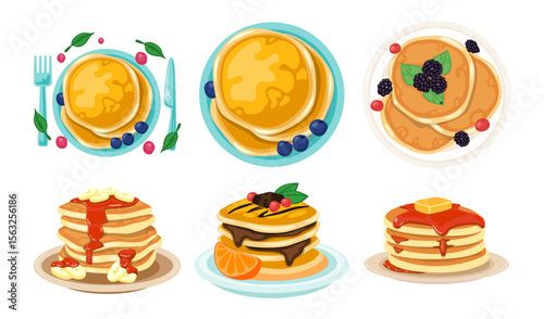 Set of pancakes set illustration. Stacks of tasty pancakes with, cherry, blueberry, strawberry, butter, chocolate, fruits Delicious breakfast food vector illustrations. American brunch berries nuts