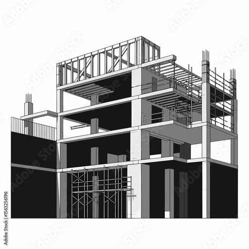 Architectural rendering of a multi-story building under construction, showcasing its structural framework and supporting elements.