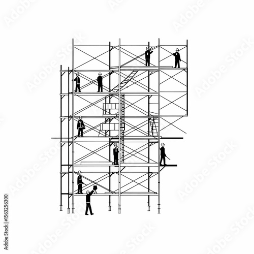 Silhouette illustration of construction workers on scaffolding, working at different levels of the structure.