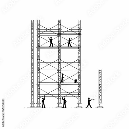 Silhouette illustration of construction workers on scaffolding, preparing for building a structure.