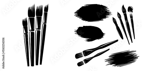Collection of dark paint, brush strokes with ink, various brushes, and lines, forming a messy artistic design