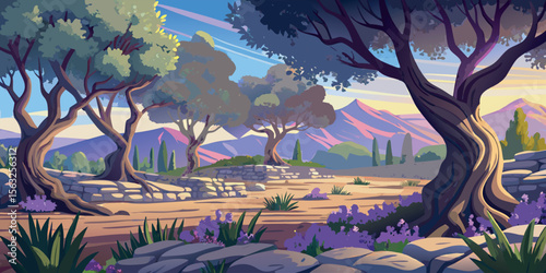 Serene Mediterranean Landscape: Ancient Ruins, Olive Trees, Lavender, and Majestic Mountains at Sunset; Stylized Vector Illustration.