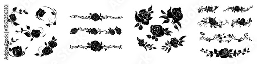 A contemporary collection of floral dividers, calligraphic elements, and decorative rose silhouettes suitable for wedding invitation design and page decoration