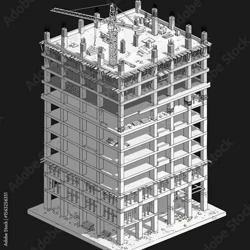 Isometric view of a high-rise building under construction, showcasing its skeletal framework and ongoing work.