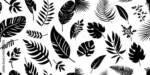 Tropical leaves in pale hues form a seamless pattern in a simple flat design style, suitable for modern surface illustrations on print, wrapping paper, fabric, and backgrounds