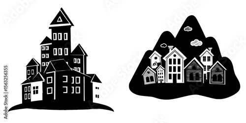The symbol of a house village is depicted in a cute and colorful flat style, showcasing real estate cottage and home design in a modern illustration of residential building construction