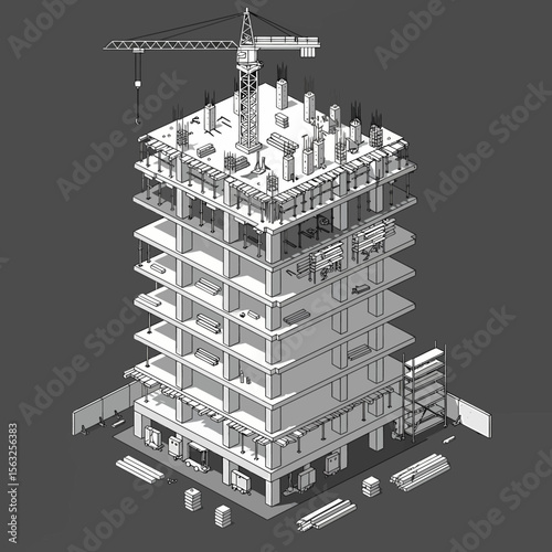 Detailed isometric illustration of a skyscraper under construction, showing various construction elements.