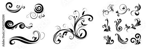 A collection of bespoke decorative flourishes and swirls, presented in white on a black background, ideal for embellishing wedding invitations, greeting cards, banners, and page designs