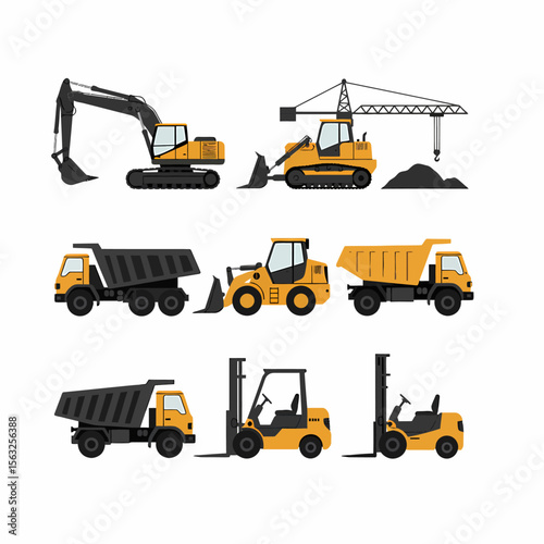 Collection of construction vehicles, including excavators, trucks, and forklifts, isolated on white.