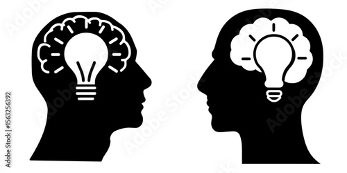 A logo set featuring a human head, brain, and light bulb represents a creative idea