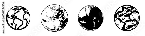 A flat, modern color icon depicting the planet earth or world globe with oceans and water is designed for use on apps and websites
