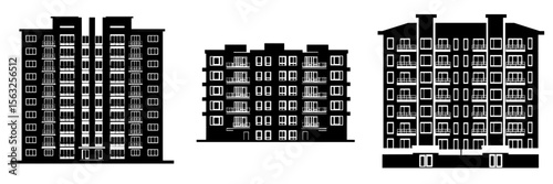 Modern illustration of a city multistorey house exterior front view showcasing an apartment or office building with balconies, windows and doors in flat style isolated on white background