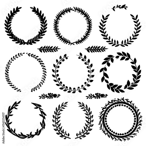 This collection includes an assortment of laurel wreaths, along with modern hand-drawn round frames in modern form, ideal for creating invitations, greeting cards, quotes, logos, posters, and other