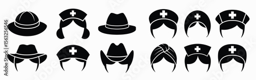 nurse icon illustration set various hats icon silhouette vector white background.