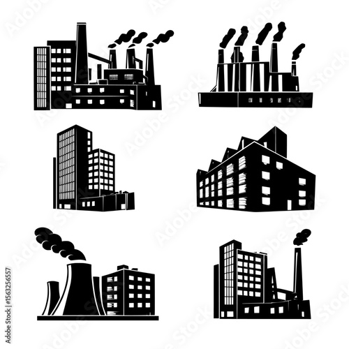 Icons for industrial factory buildings are available as a thin modern icon set and a black and white kit