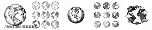 A modern illustration features Earth globes isolated on a white background as a flat planet Earth icon