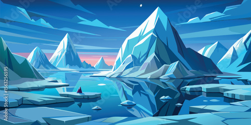 Serene Arctic Landscape: Stylized Vector Illustration of Glacial Peaks, Icy Water, and a Calm, Cool Color Palette.