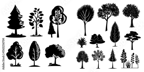 Isolated on a white background, cartoon trees are illustrated in a simple and modern style, featuring cute green plants and a forest, making them ideal for use in illustrating nature or healthy
