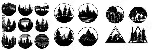 A collection of monochrome landscapes in geometric forms, including circles, triangles, and rhombuses, featuring wild pine forests, suitable for a company logo or camping logo
