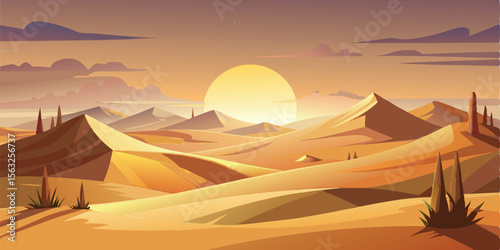 Serene Sunset Desert Landscape: Warm-toned, stylized vector illustration of rolling sand dunes, sparse vegetation, and a large setting sun, evoking tranquility and peace.