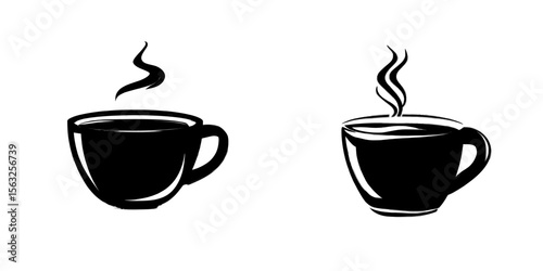 A realistic white coffee cup emitting smoke is set against a transparent backdrop, representing a beverage often associated with cafe breakfasts in illustration form