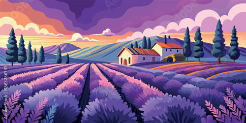 Vibrant Purple Lavender Field at Sunset:  Stylized Tuscan Landscape with Rolling Hills, Cypress Trees, and Charming Farmhouse.