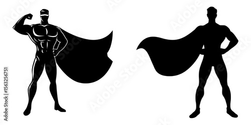 A silhouette of a modern superhero posing with a red cape is illustrated