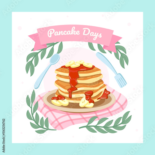 Stack pancakes Day Design Template. Stacks of tasty pancakes with, cherry, blueberry, strawberry, butter, chocolate, fruits Delicious breakfast food vector illustrations. American brunch berries nuts
