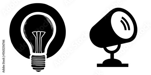 The modern icon is symbolized by a filled spotlight and outline sign