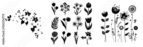 Modern isolated flat flowers are set against a white background in a Scandinavian floral hand-drawn nature illustration intended for wedding designs, greeting cards, printed materials, and children's