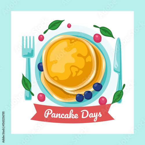 Stack pancakes Day Design Template. Stacks of tasty pancakes with, cherry, blueberry, strawberry, butter, chocolate, fruits Delicious breakfast food vector illustrations. American brunch berries nuts