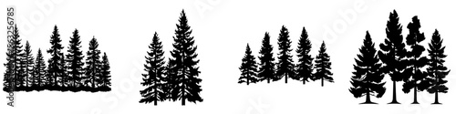 The modern silhouette of a tree is set against a backdrop of isolated forest trees on a white background