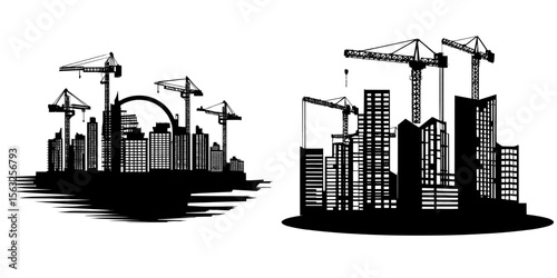 The construction site of a modern city has tower cranes that are building residential buildings with the cityscape and sunset skyline in the background of a flat horizontal banner