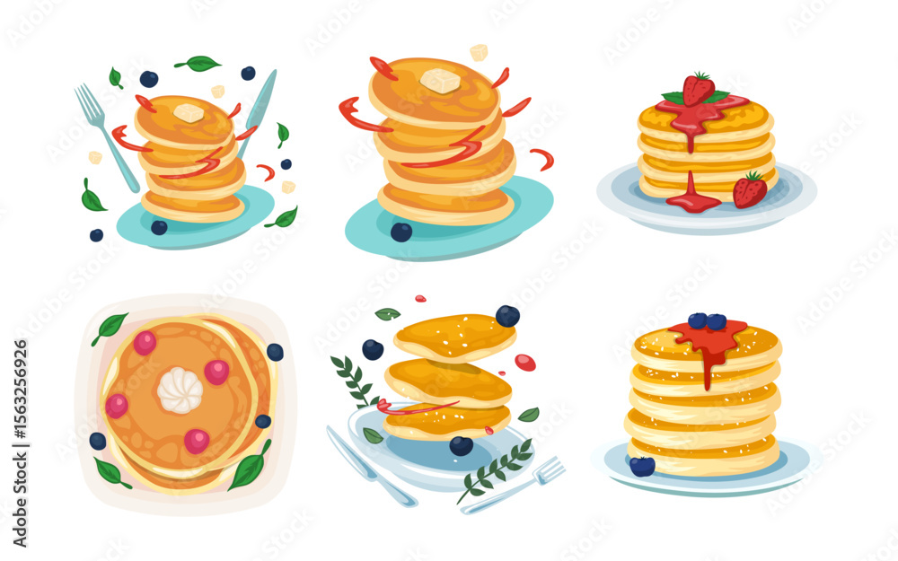 Set of pancakes set illustration. Stacks of tasty pancakes with, cherry, blueberry, strawberry, butter, chocolate, fruits Delicious breakfast food vector illustrations. American brunch berries nuts Set of pancakes set illustration. Stacks of tasty pancakes with, cherry, blueberry, strawberry, butter, chocolate, fruits Delicious breakfast food vector illustrations. American brunch berries nuts