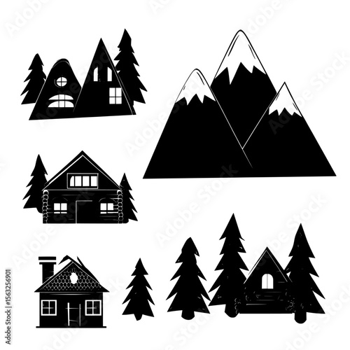 This big, colored set of illustrations features various tiny houses, trees, and mountains, each one hand drawn in a modern, flat style with a paper cut design and isolated from the others