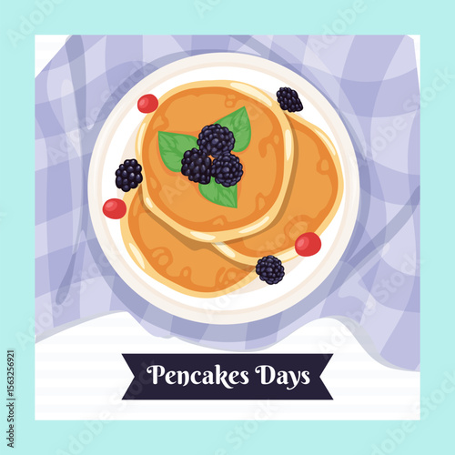 Stack pancakes Day Design Template. Stacks of tasty pancakes with, cherry, blueberry, strawberry, butter, chocolate, fruits Delicious breakfast food vector illustrations. American brunch berries nuts