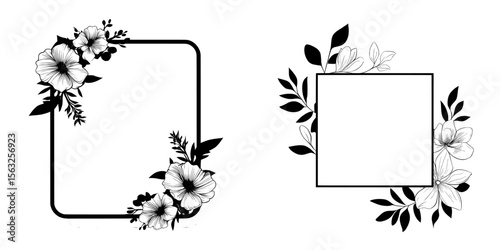 This wedding invitation card template boasts a minimalist design, with a square frame enclosing floral black line art ink drawings on a light grey backdrop