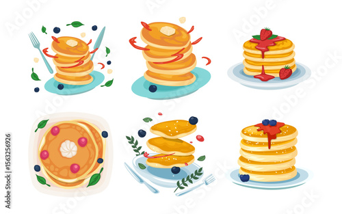 Set of pancakes set illustration. Stacks of tasty pancakes with, cherry, blueberry, strawberry, butter, chocolate, fruits Delicious breakfast food vector illustrations. American brunch berries nuts