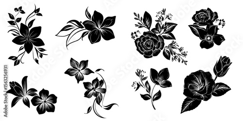 Hand-drawn flowers for use in romantic or vintage designs, particularly in retro-style decorations like wedding invitations featuring kaligraphy lettering