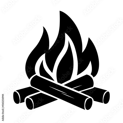 Camp fire icon represented as a modern bonfire burning on a firewood sign