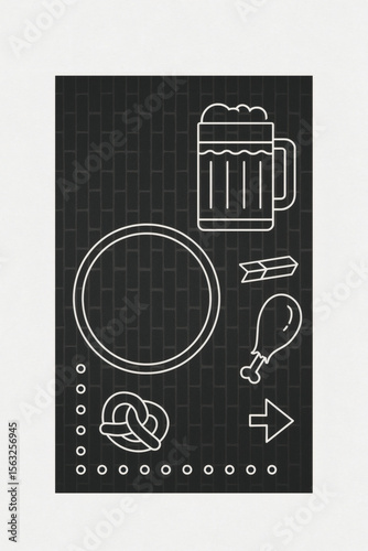 Chalk drawings on a pavement, including a beer mug, plate, and chicken leg, suggesting a casual, outdoor food - related theme
