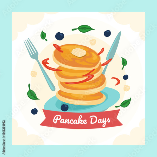 Stack pancakes Day Design Template. Stacks of tasty pancakes with, cherry, blueberry, strawberry, butter, chocolate, fruits Delicious breakfast food vector illustrations. American brunch berries nuts