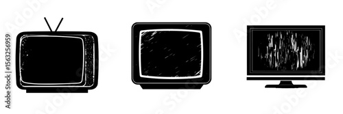 A realistic flat LCD TV template displaying static black and white noise accompanied by a glitch effect