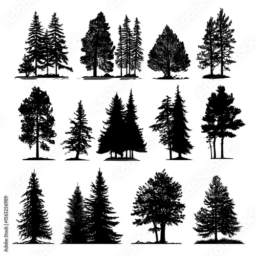 The set of modern isolated retro images of nature includes silhouettes of coniferous and deciduous trees, such as pines, firs, and spruces, which are commonly found in forest and park landscapes